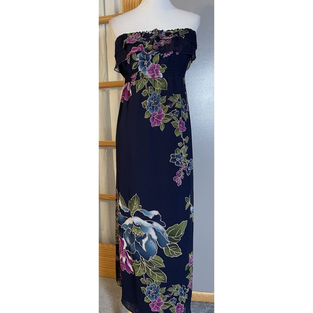 Strapless Floral Maxi Dress Sz L Navy Pink Ruffles Elastic Waist Boho Beach City